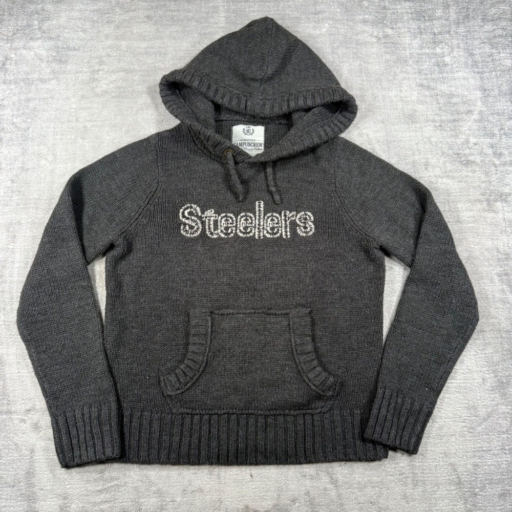 Pittsburgh Steelers Knit Hoodie Women Small Grey Campuscrew Embroidered Sweater